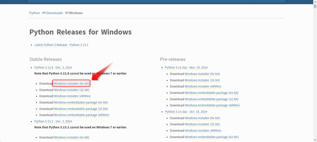 「Python 3.12.x」の「Windows installer (64-bit)」をクリックします。